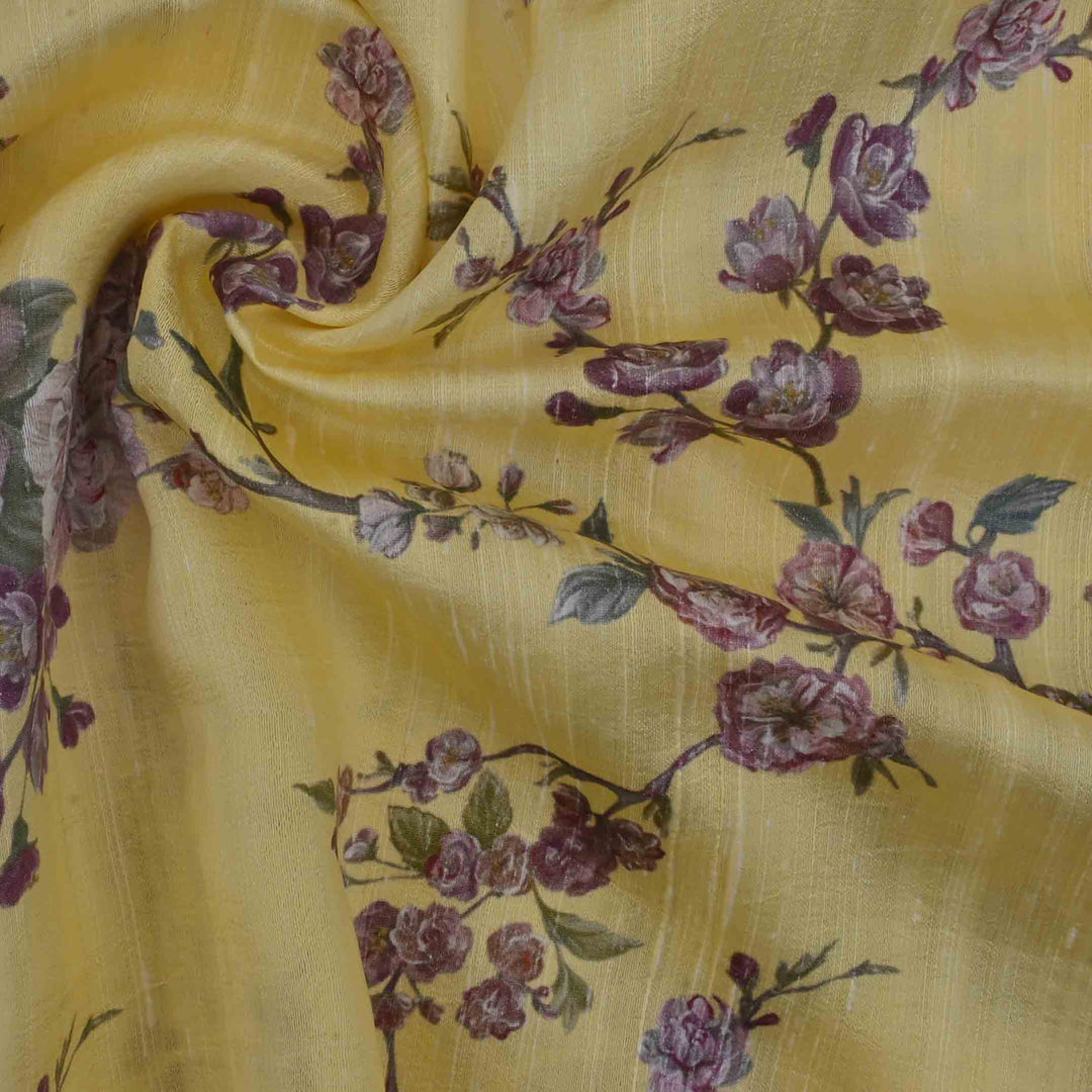 Straw Yellow Floral Printed Rawsilk Fabric
