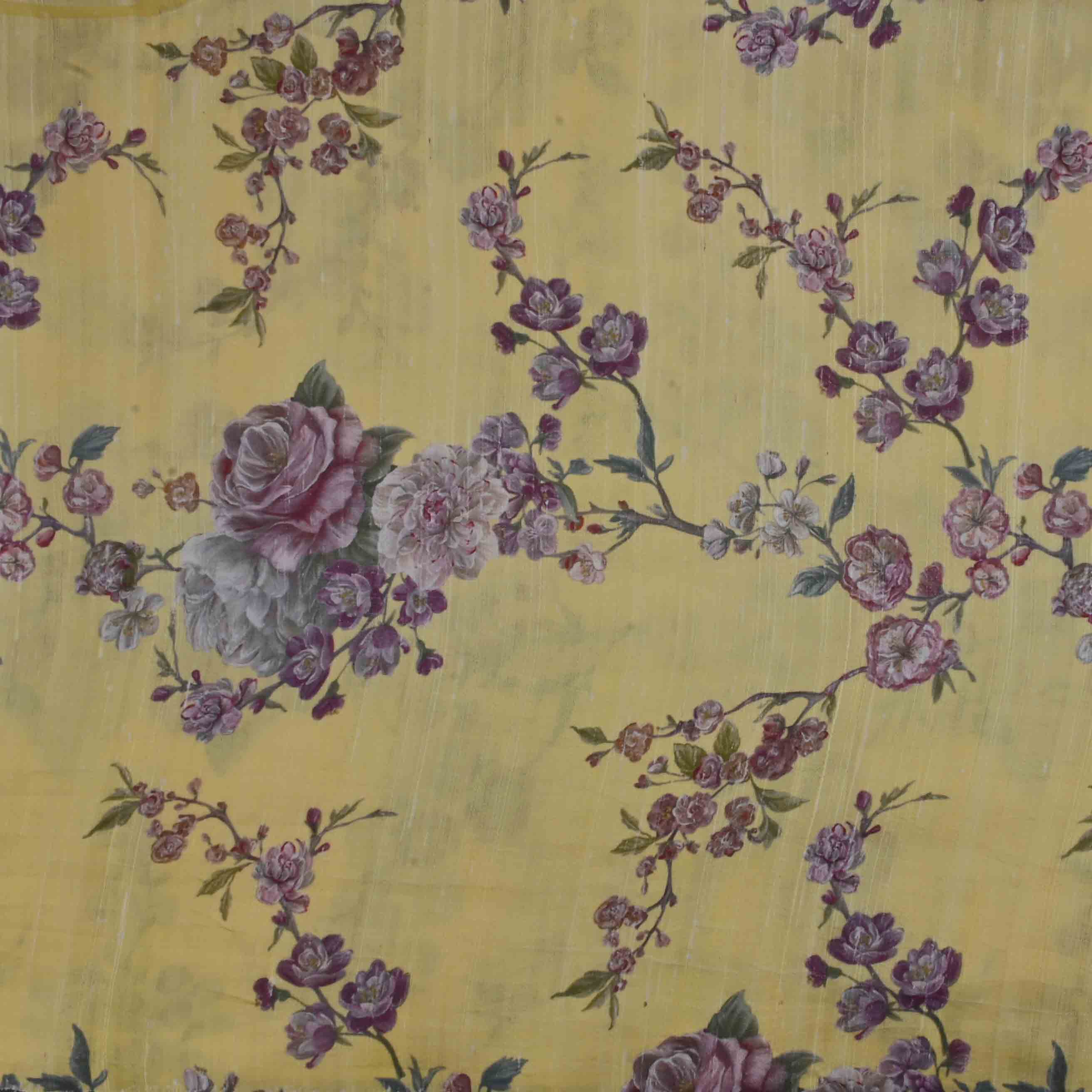 Straw Yellow Floral Printed Rawsilk Fabric