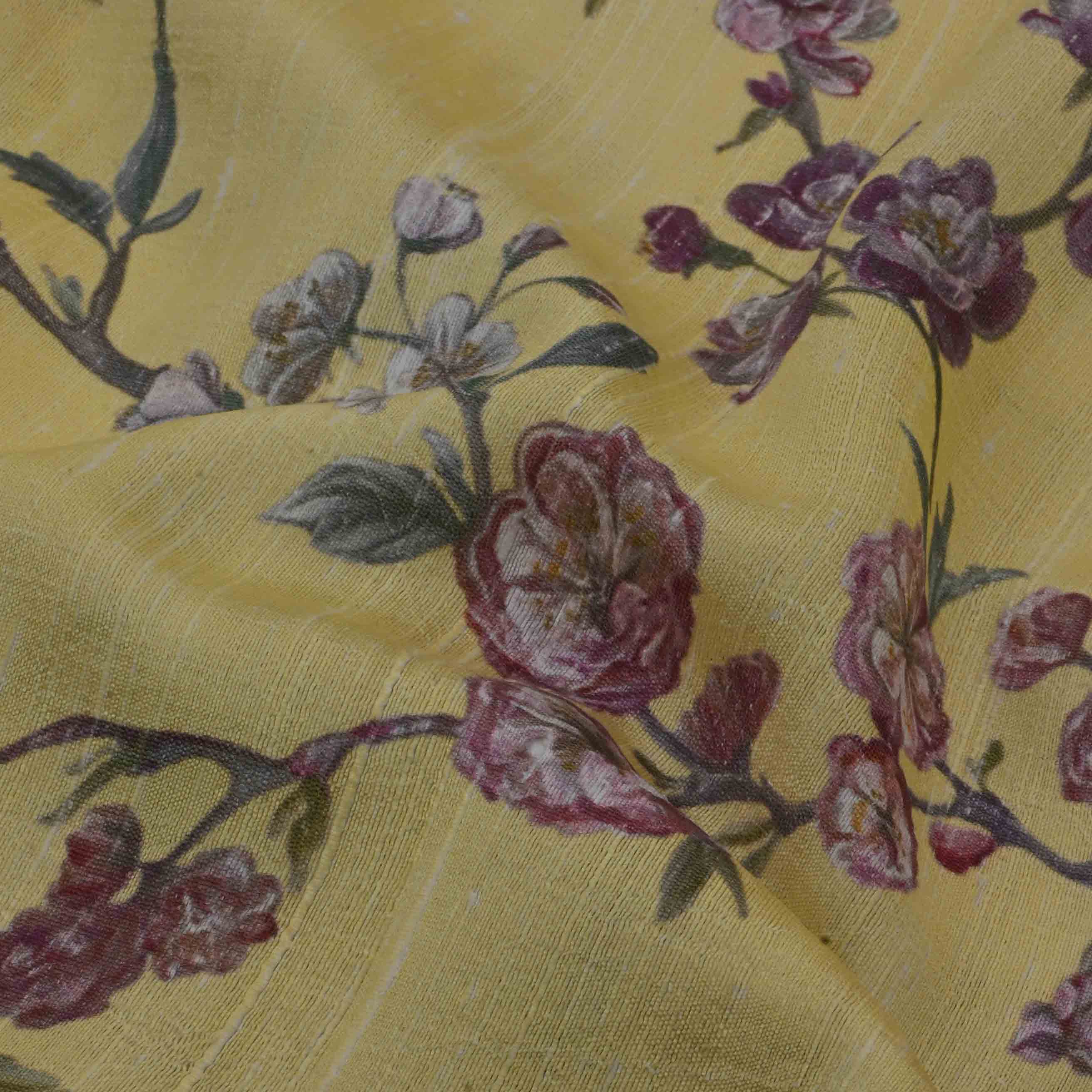 Straw Yellow Floral Printed Rawsilk Fabric