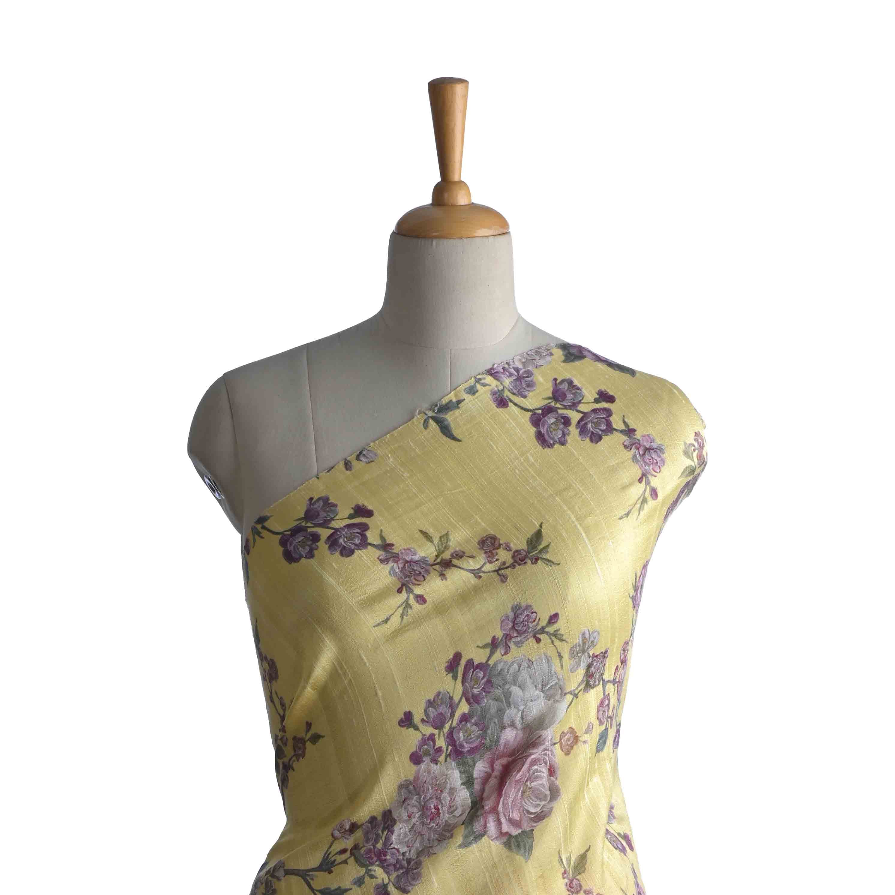 Straw Yellow Floral Printed Rawsilk Fabric