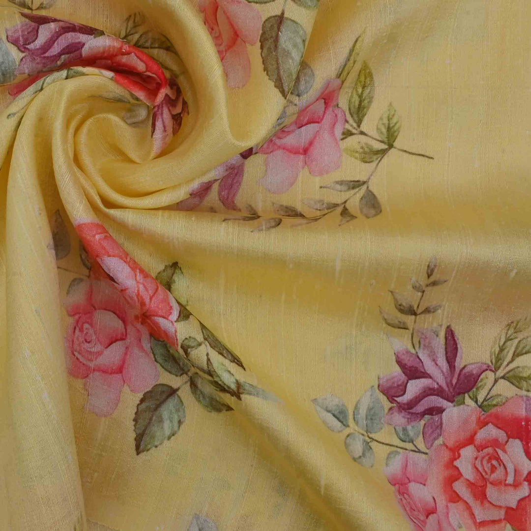 Glossy Gold Yellow Floral Printed Rawsilk Fabric