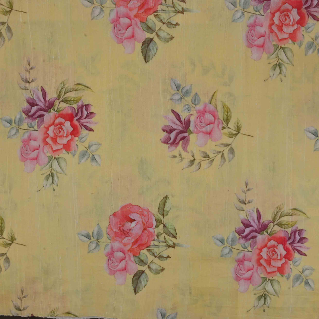 Glossy Gold Yellow Floral Printed Rawsilk Fabric