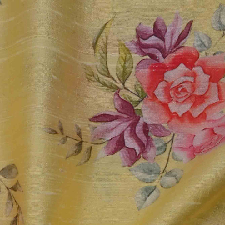 Glossy Gold Yellow Floral Printed Rawsilk Fabric