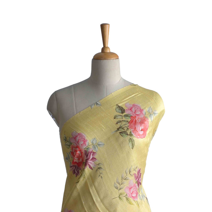 Glossy Gold Yellow Floral Printed Rawsilk Fabric