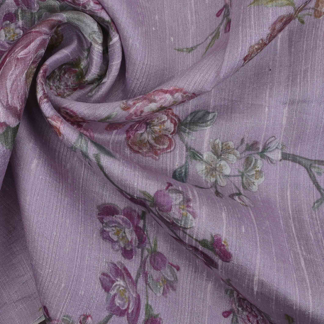 Thistle Purple Floral Printed Rawsilk Fabric