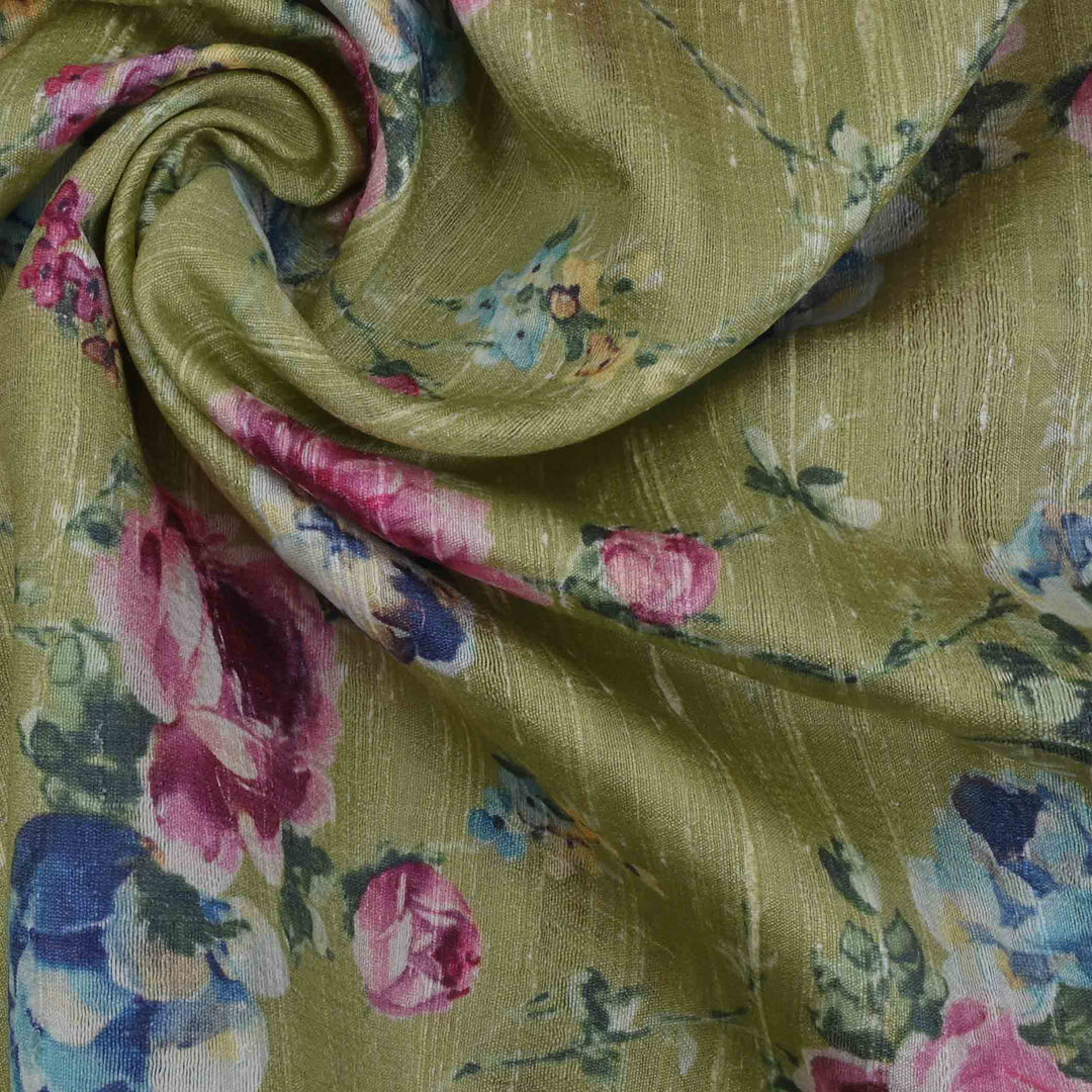 Pastel Green Floral Printed Rawsilk Fabric