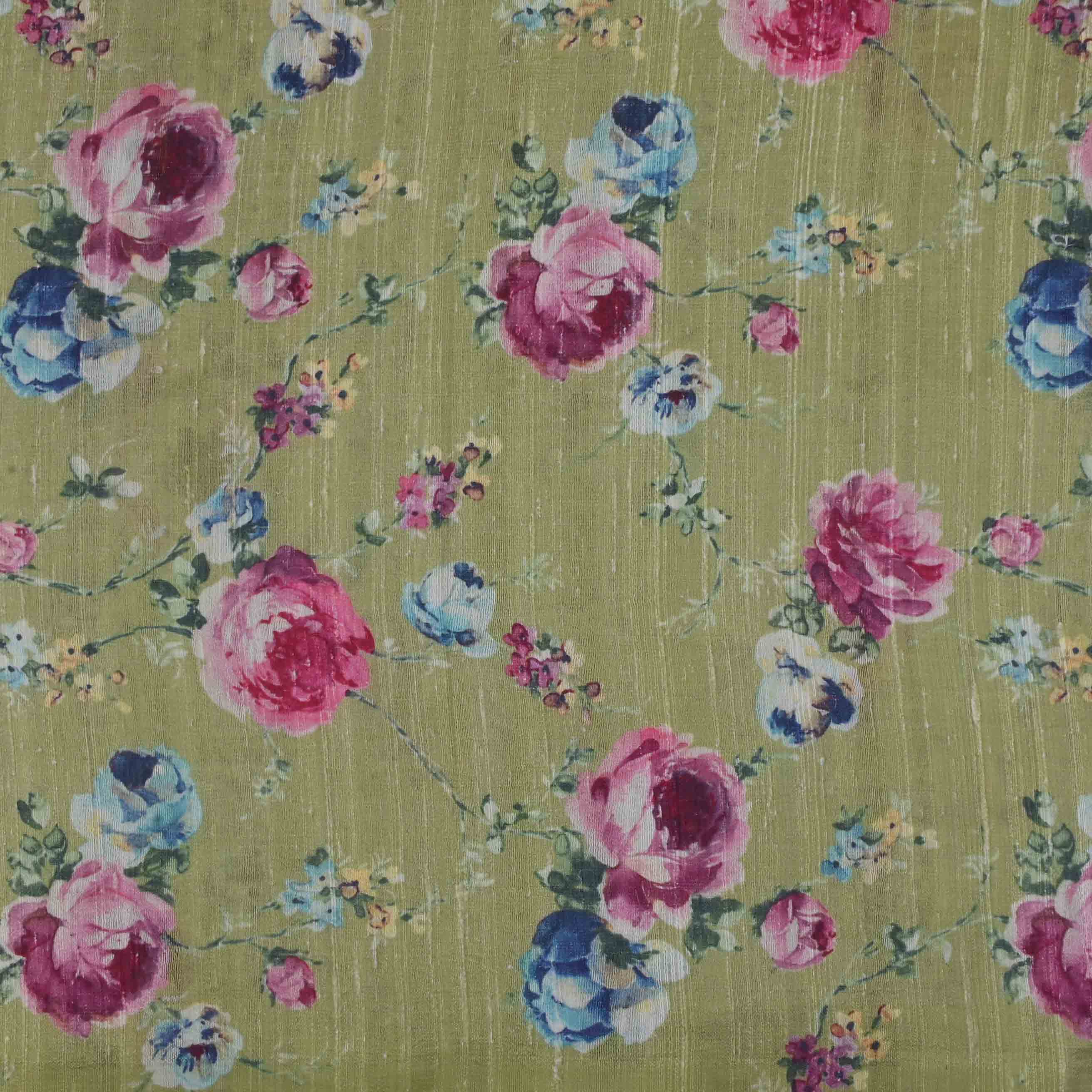 Pastel Green Floral Printed Rawsilk Fabric