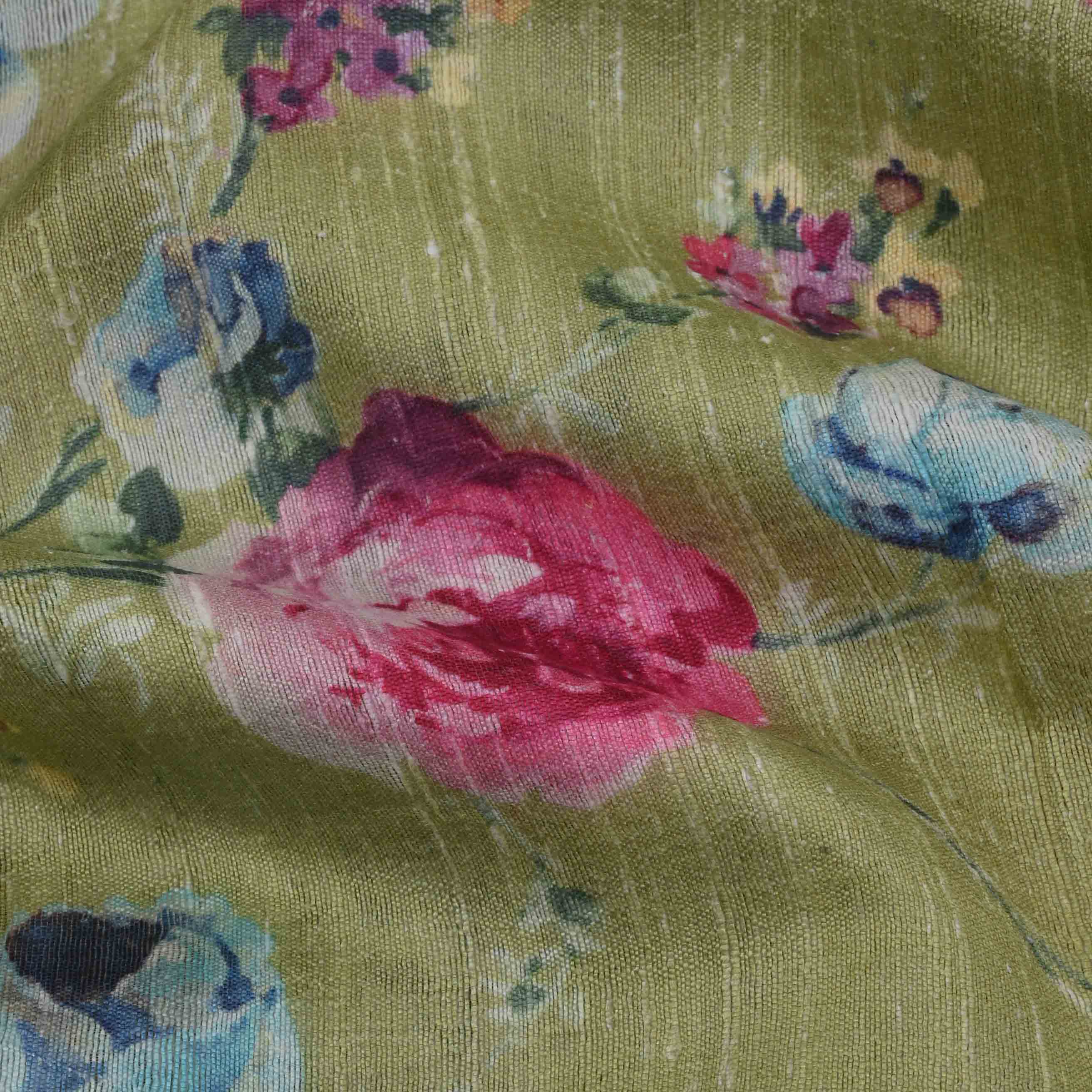 Pastel Green Floral Printed Rawsilk Fabric