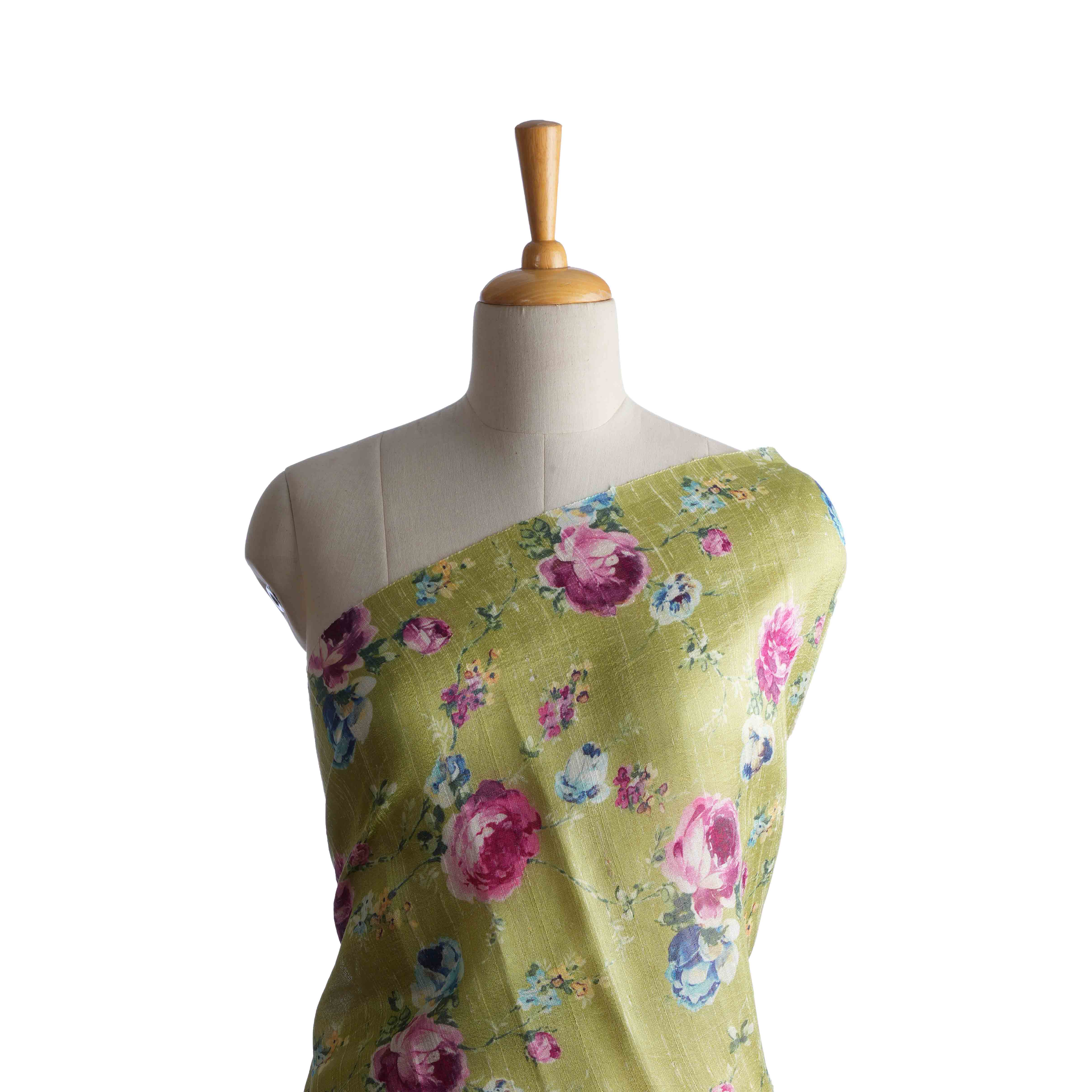 Pastel Green Floral Printed Rawsilk Fabric