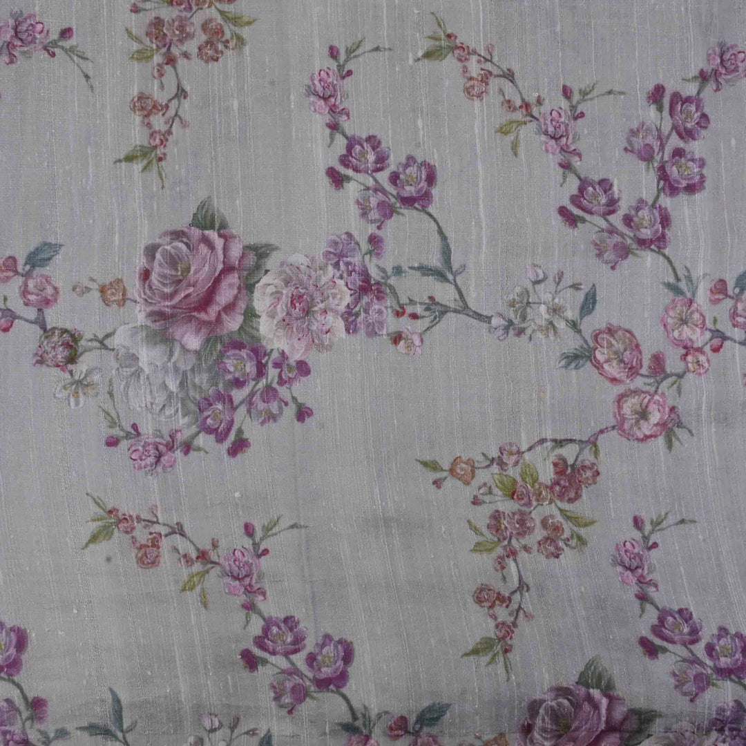 Silver Grey Floral Printed Rawsilk Fabric