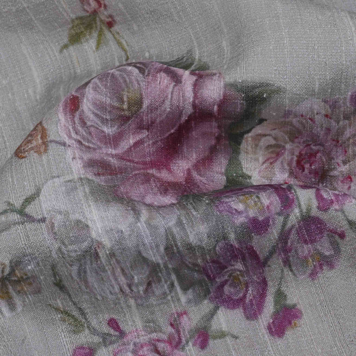 Silver Grey Floral Printed Rawsilk Fabric