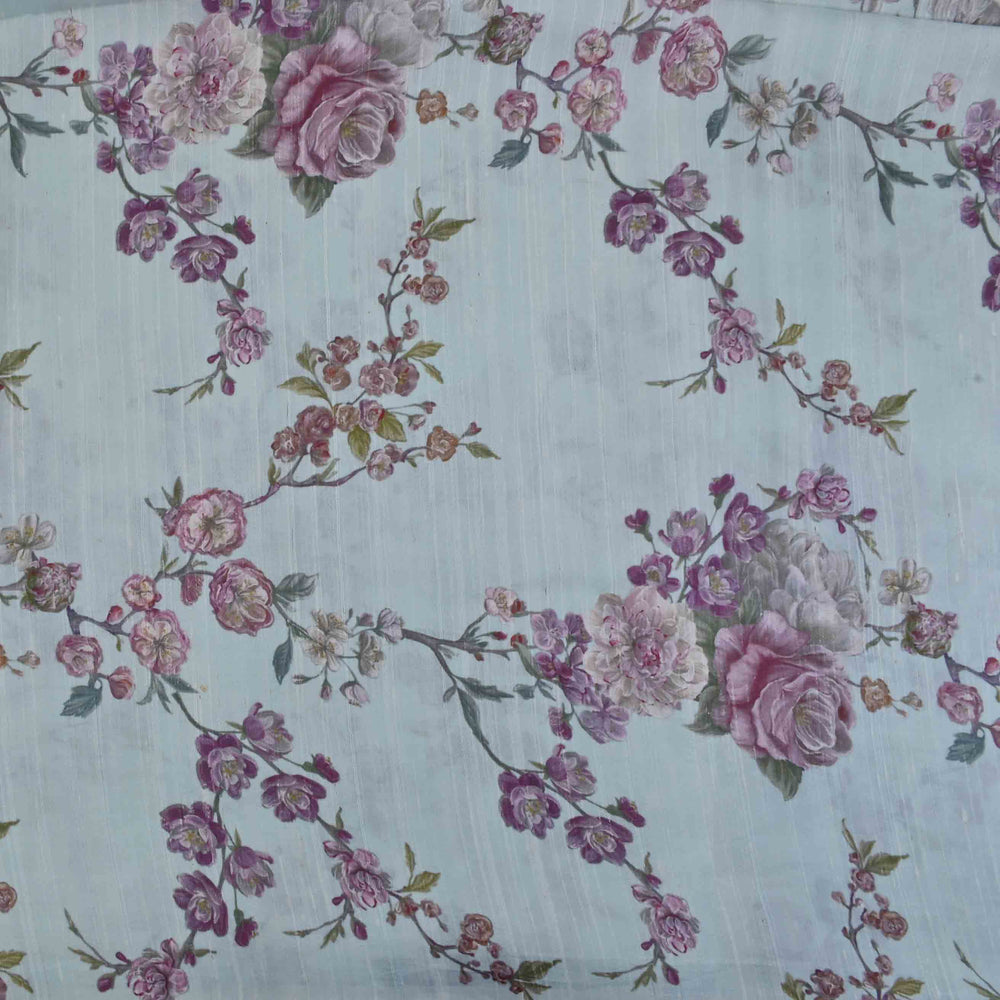 Pastel Sky Blue Floral Printed Rawsilk Fabric
