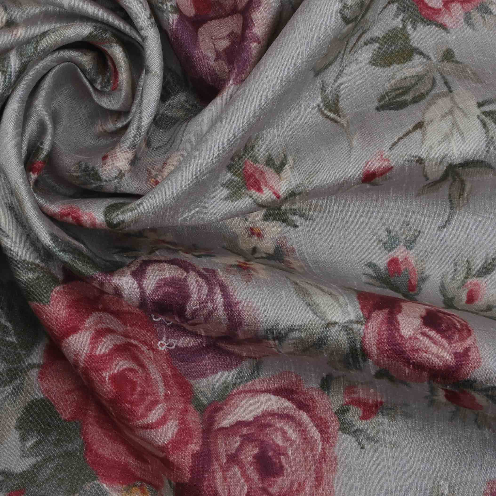 Silver Grey Floral Printed Rawsilk Fabric