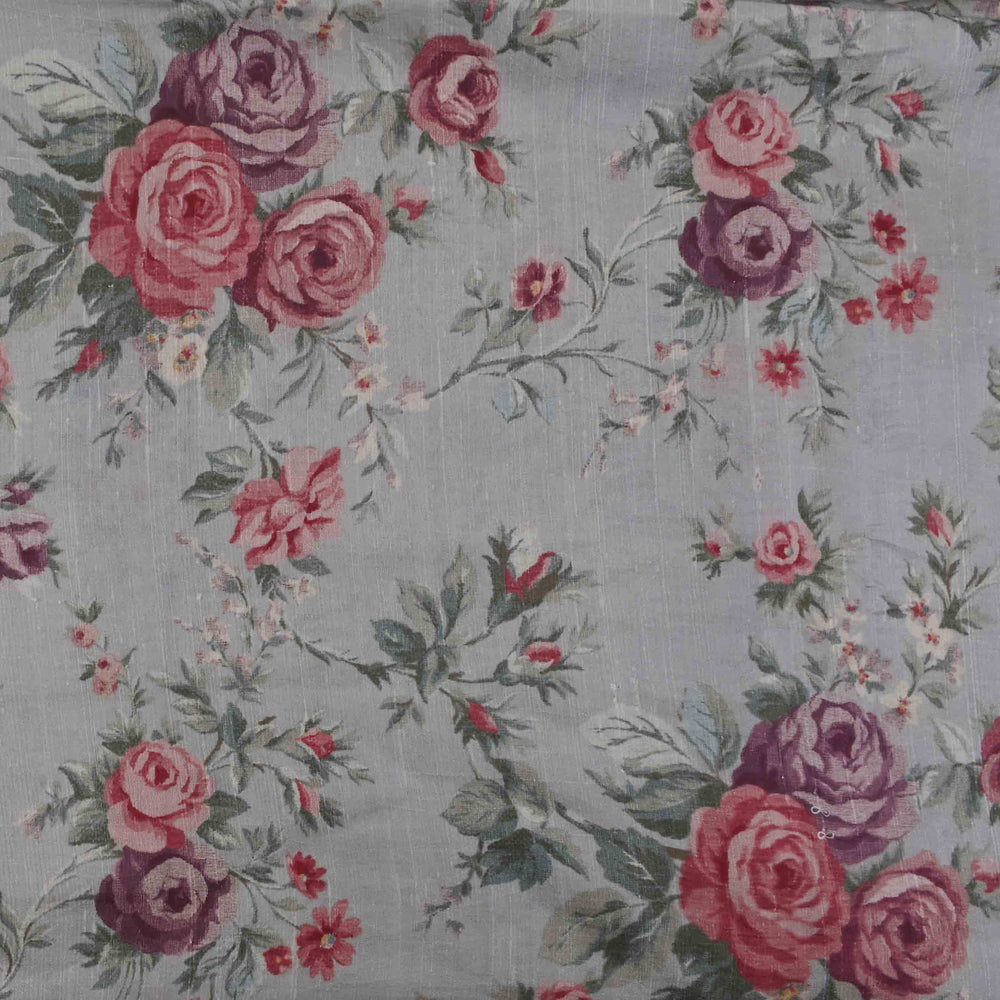 Silver Grey Floral Printed Rawsilk Fabric