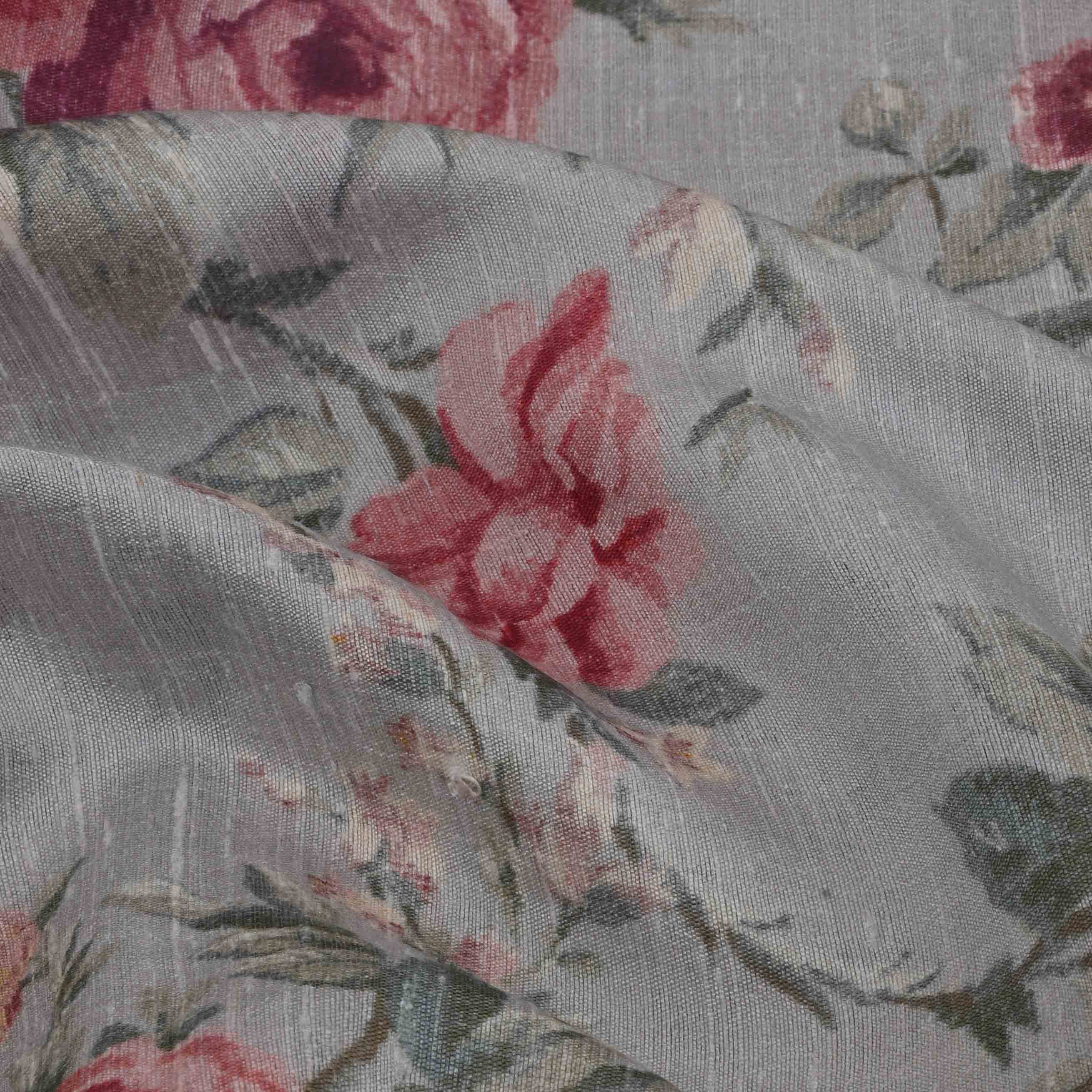 Silver Grey Floral Printed Rawsilk Fabric