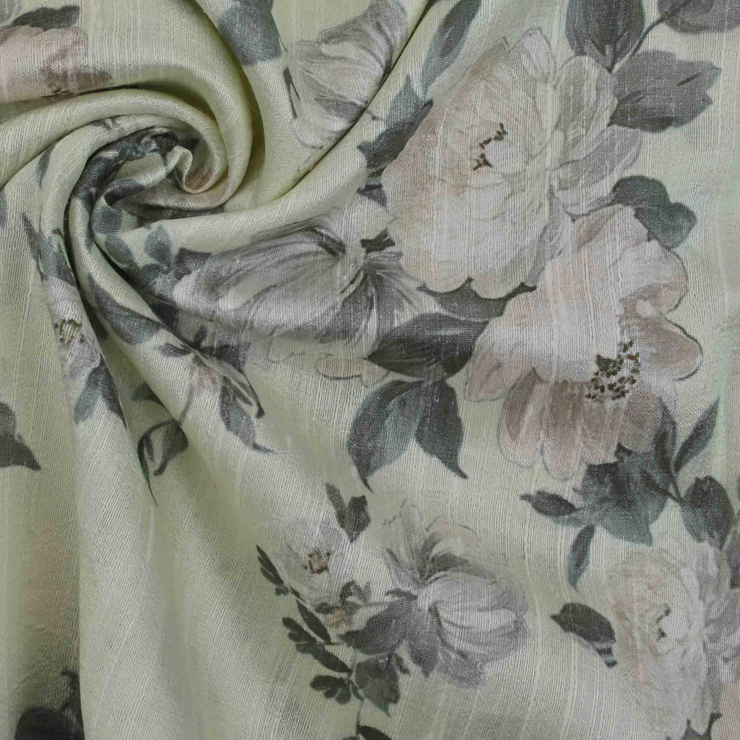 Peppermint White Floral Printed Rawsilk Fabric