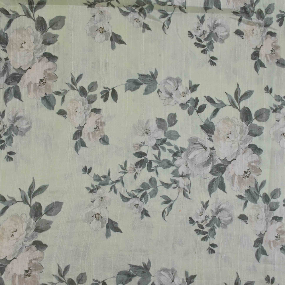 Peppermint White Floral Printed Rawsilk Fabric