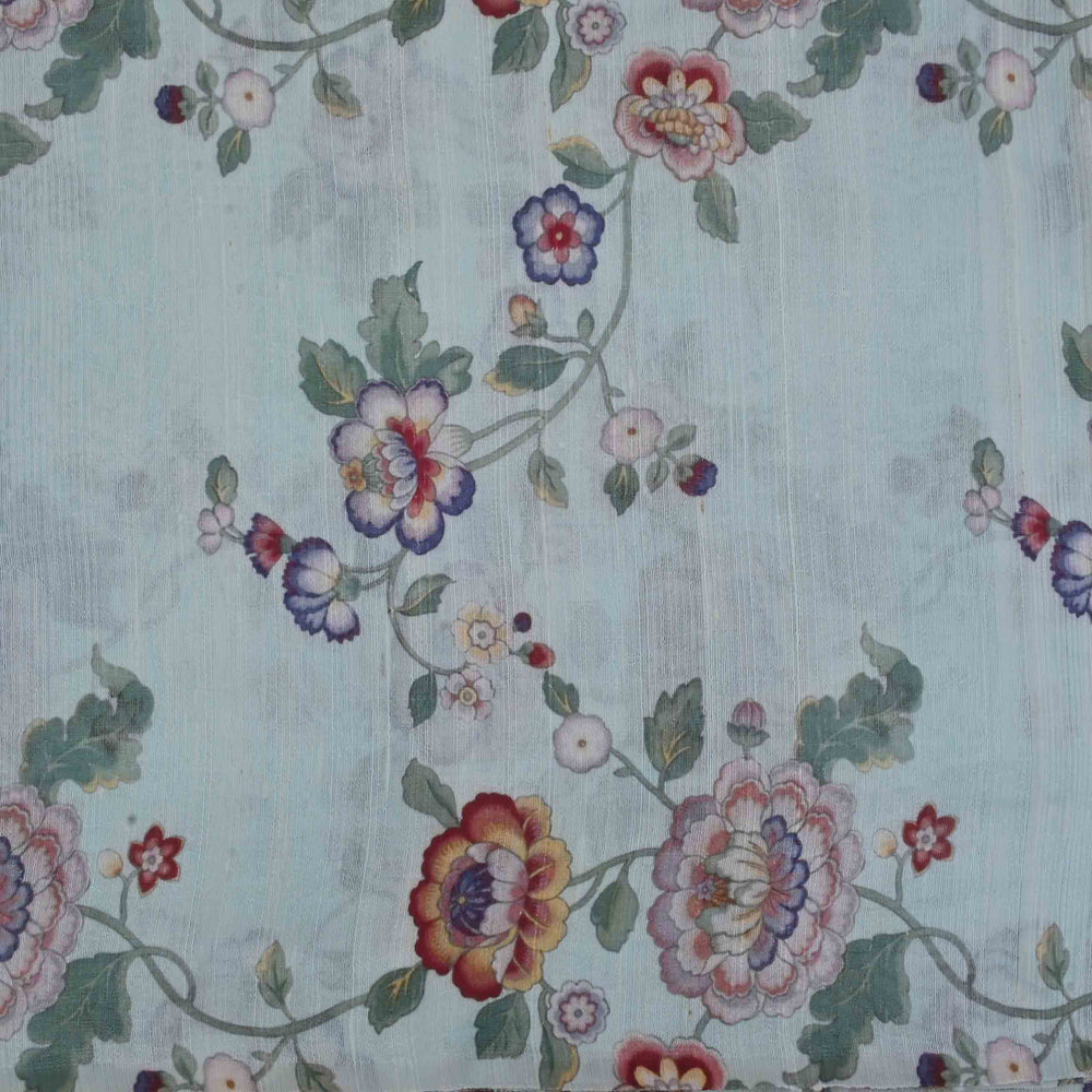 Powder Blue Floral Printed Rawsilk Fabric