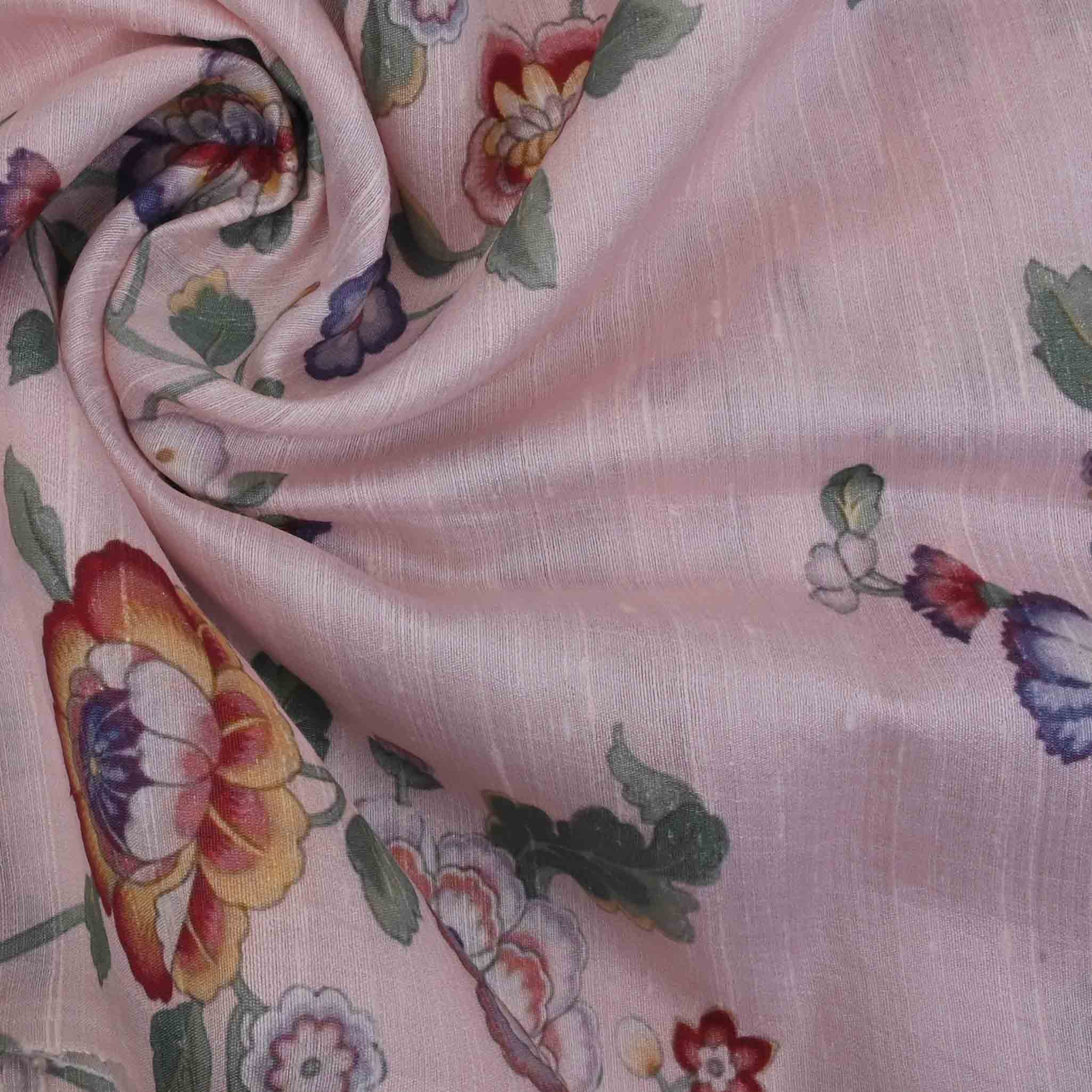 Lemonade Pink Floral Printed Rawsilk Fabric