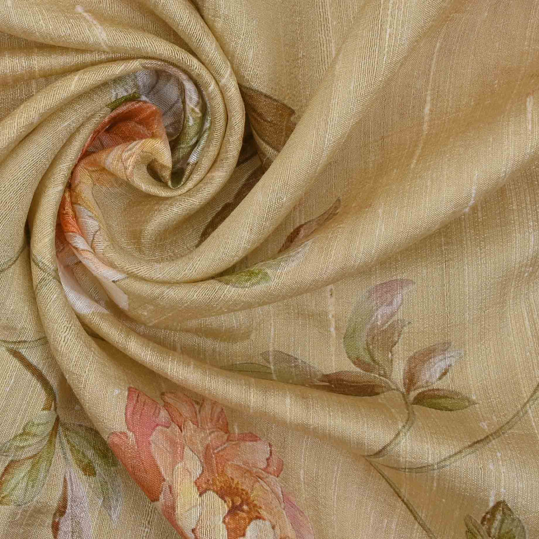 Dutch White Floral Printed Rawsilk Fabric