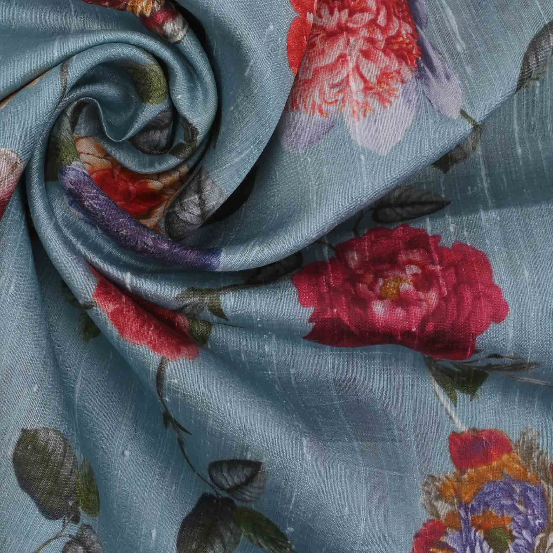 Sky Blue Floral Printed Rawsilk Fabric