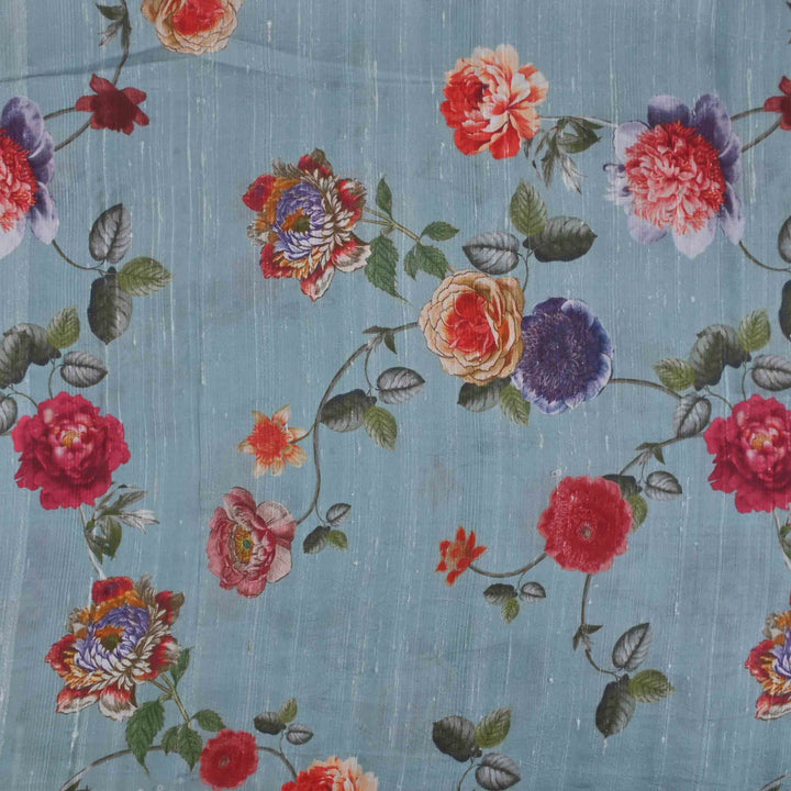 Sky Blue Floral Printed Rawsilk Fabric