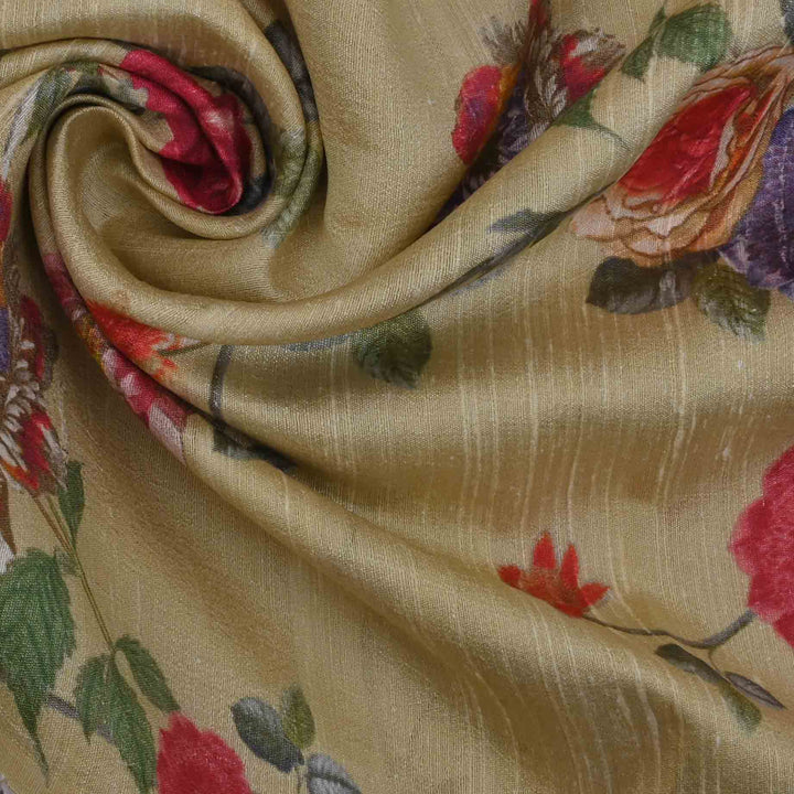 Tender Yellow Floral Printed Rawsilk Fabric