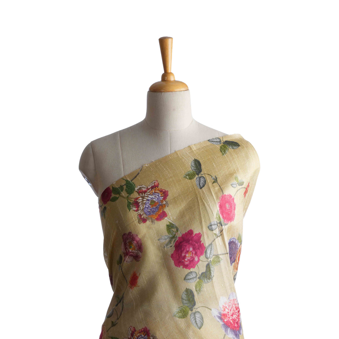 Tender Yellow Floral Printed Rawsilk Fabric