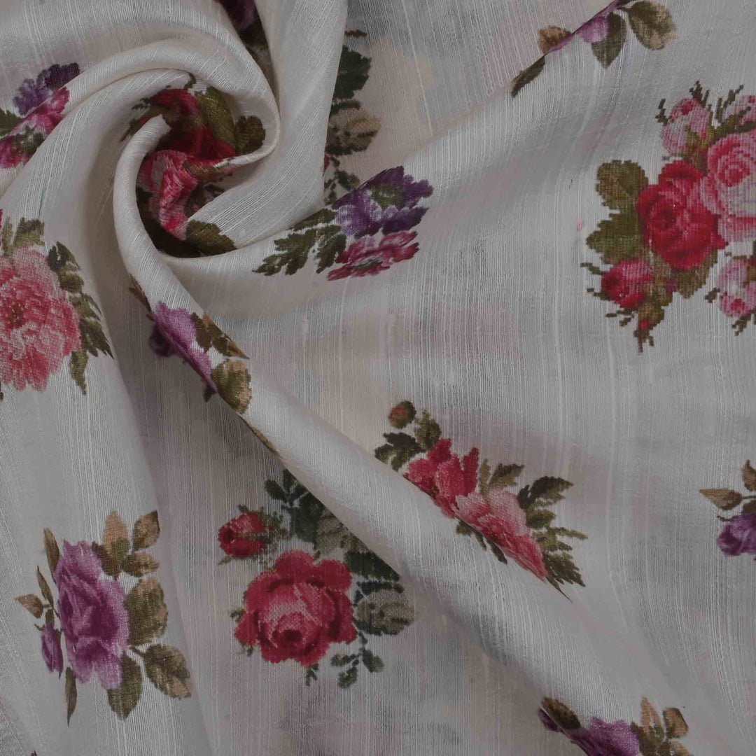 Dull White Floral Printed Rawsilk Fabric