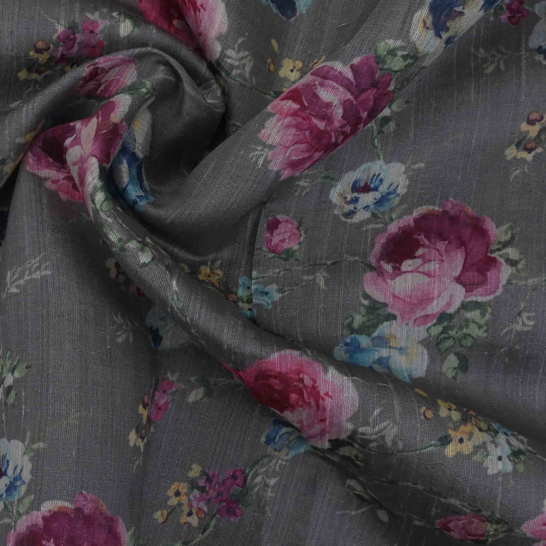 Shadow Grey Floral Printed Rawsilk Fabric