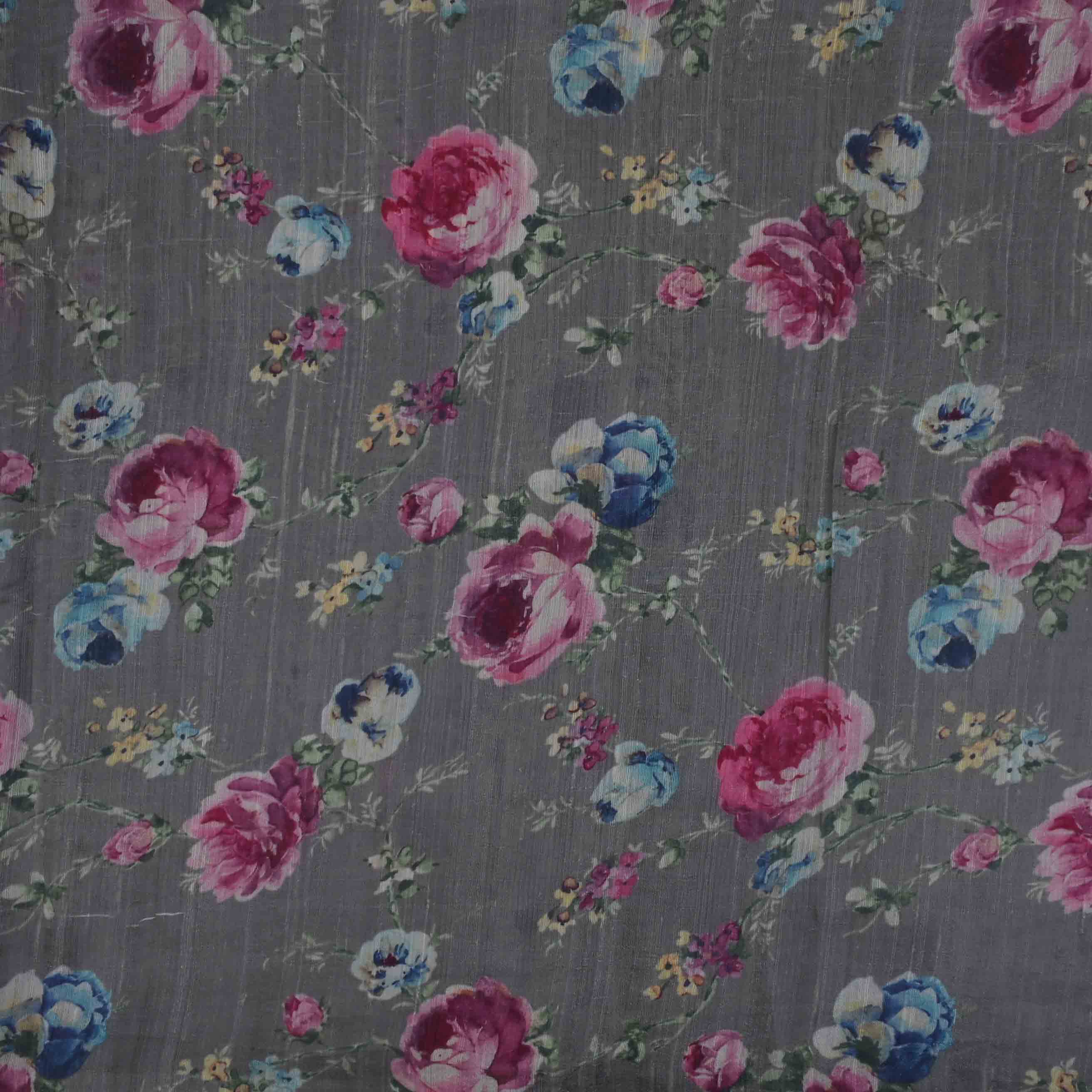 Shadow Grey Floral Printed Rawsilk Fabric