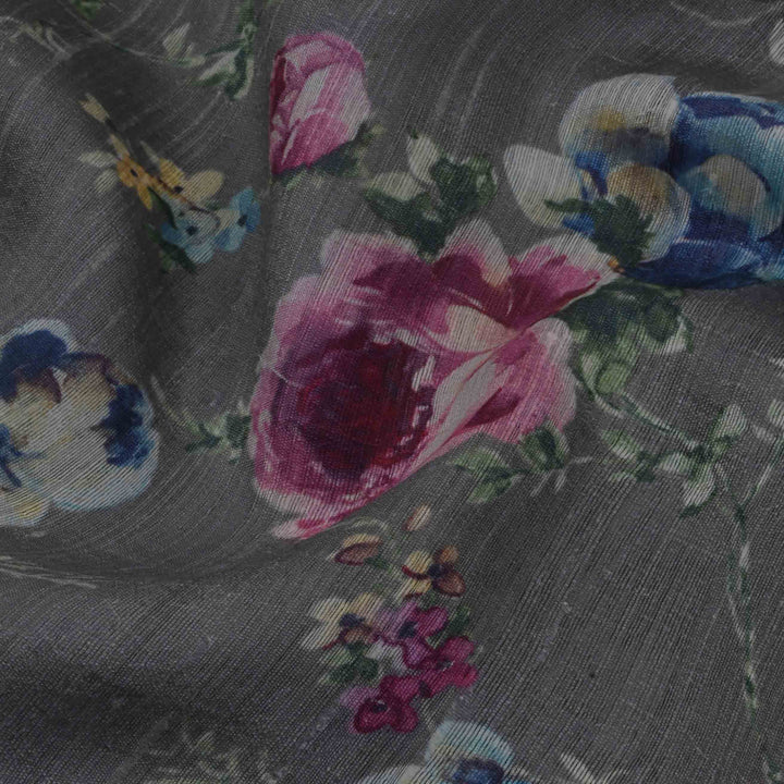 Shadow Grey Floral Printed Rawsilk Fabric