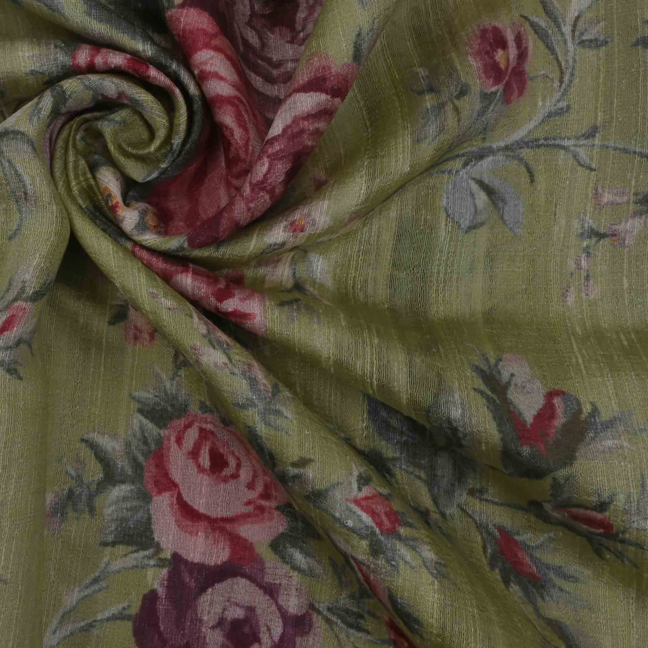 Pastel Moss Green Floral Printed Rawsilk Fabric