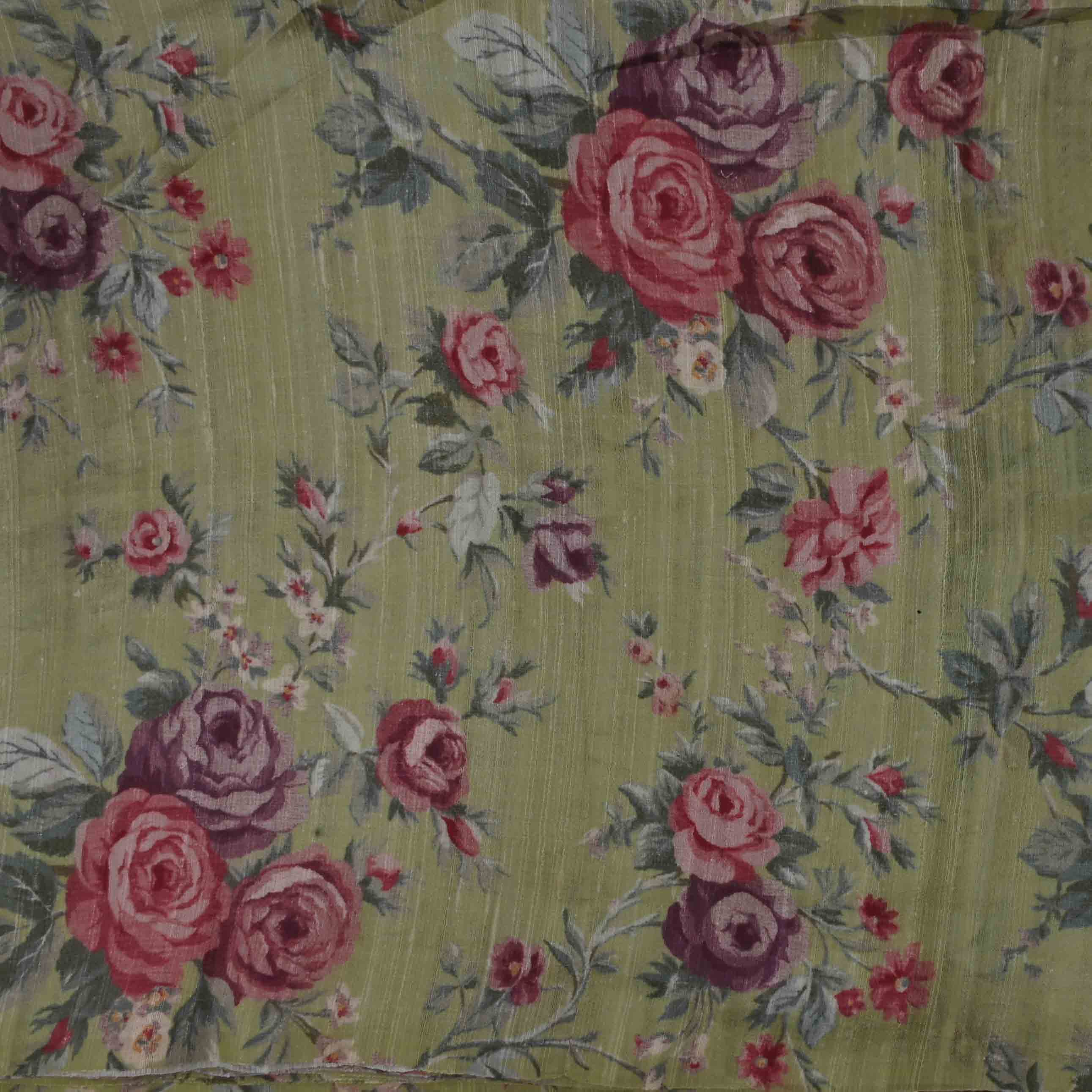 Pastel Moss Green Floral Printed Rawsilk Fabric