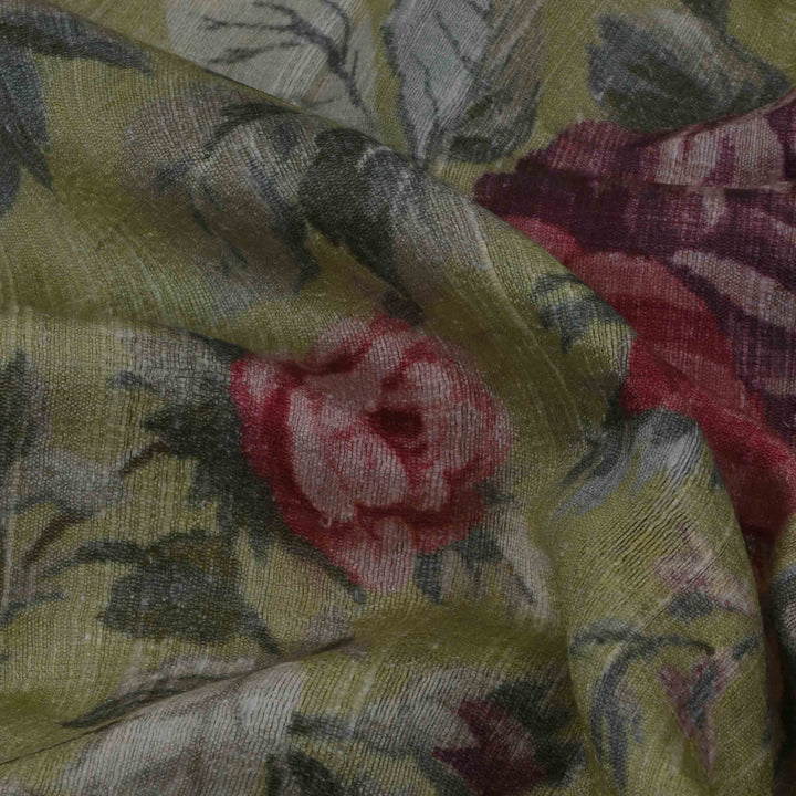 Pastel Moss Green Floral Printed Rawsilk Fabric