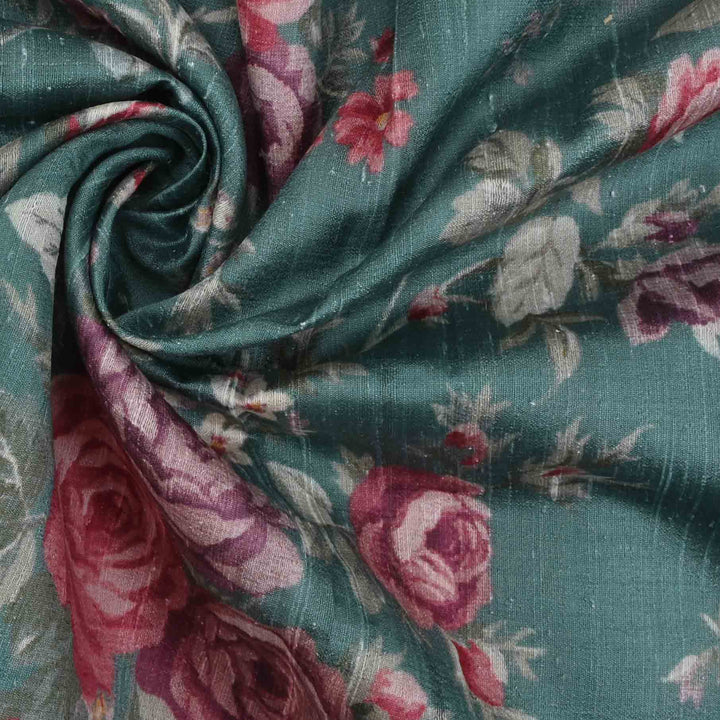 Myrtle Green Floral Printed Rawsilk Fabric