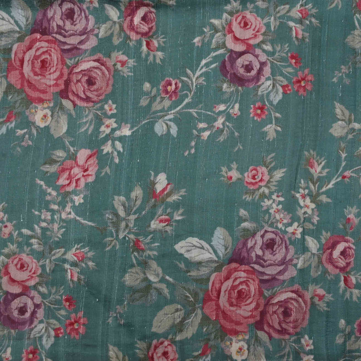 Myrtle Green Floral Printed Rawsilk Fabric