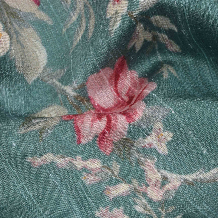 Myrtle Green Floral Printed Rawsilk Fabric