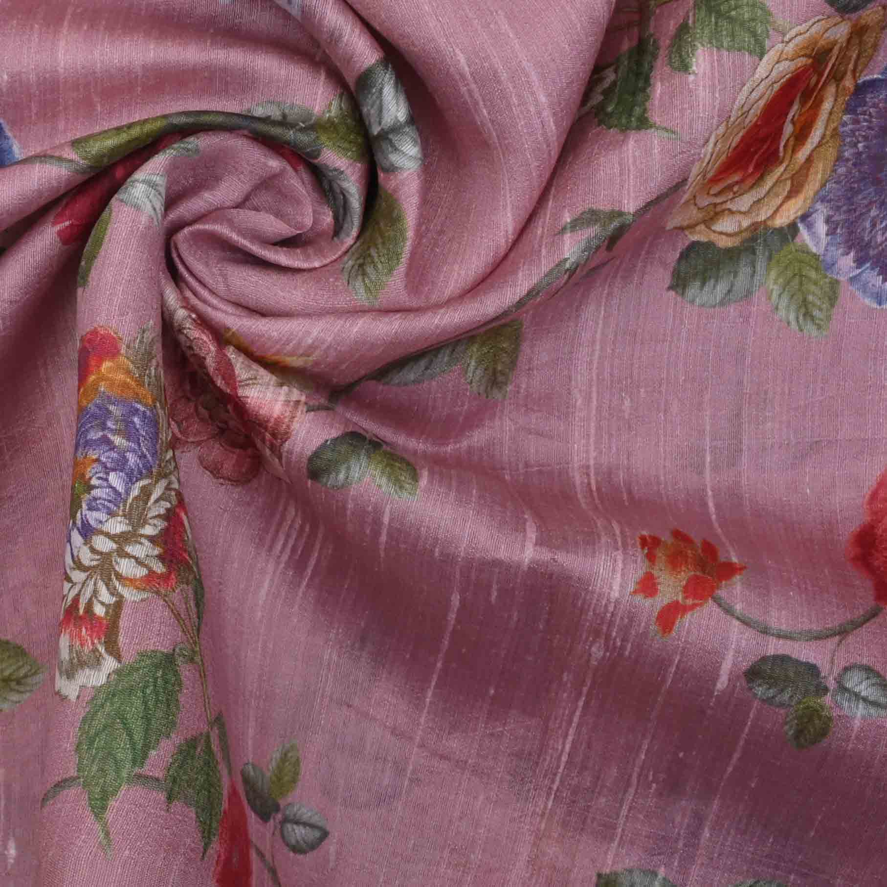 Cameo Pink Floral Printed Rawsilk Fabric