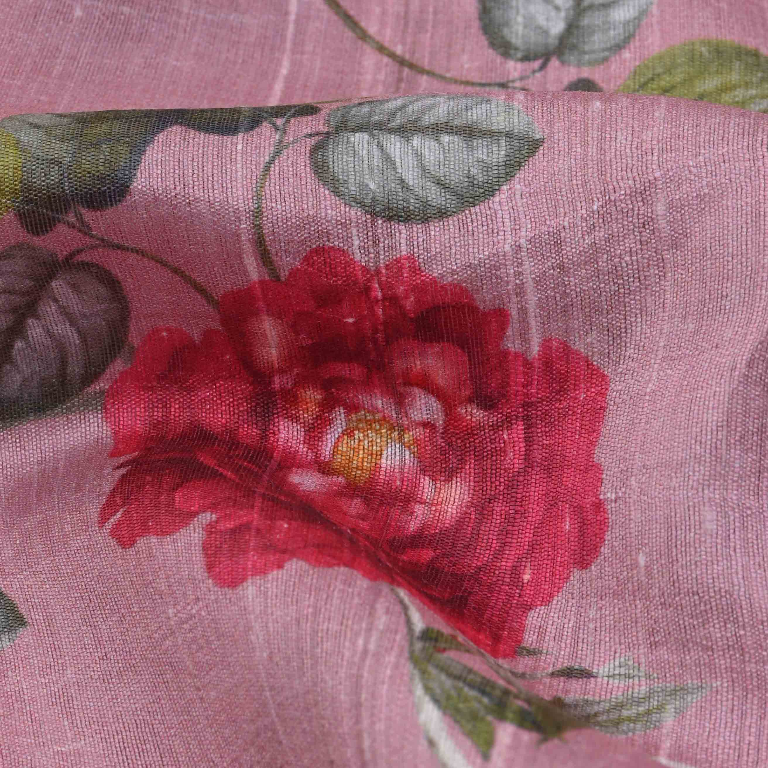 Cameo Pink Floral Printed Rawsilk Fabric