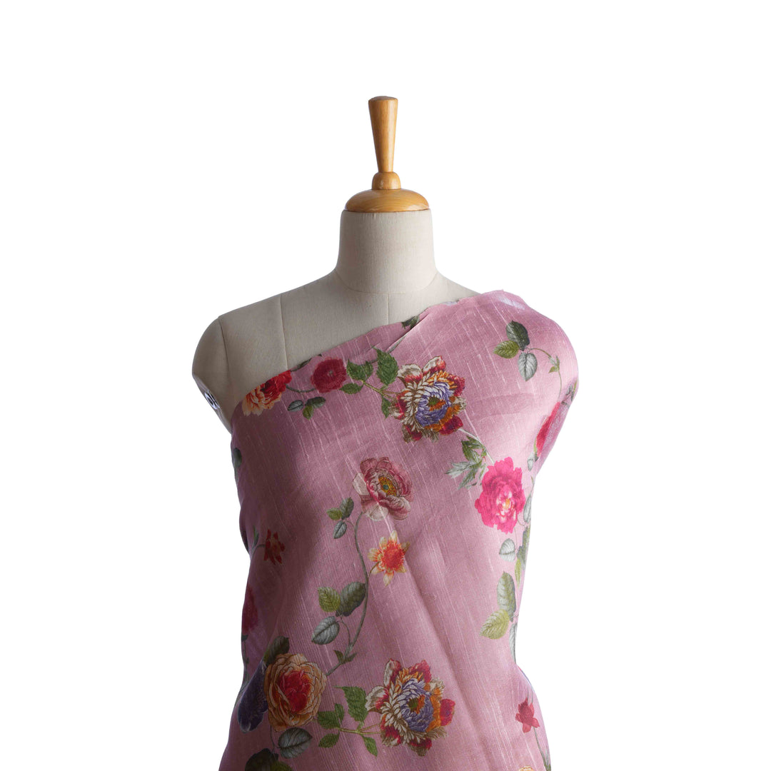 Cameo Pink Floral Printed Rawsilk Fabric