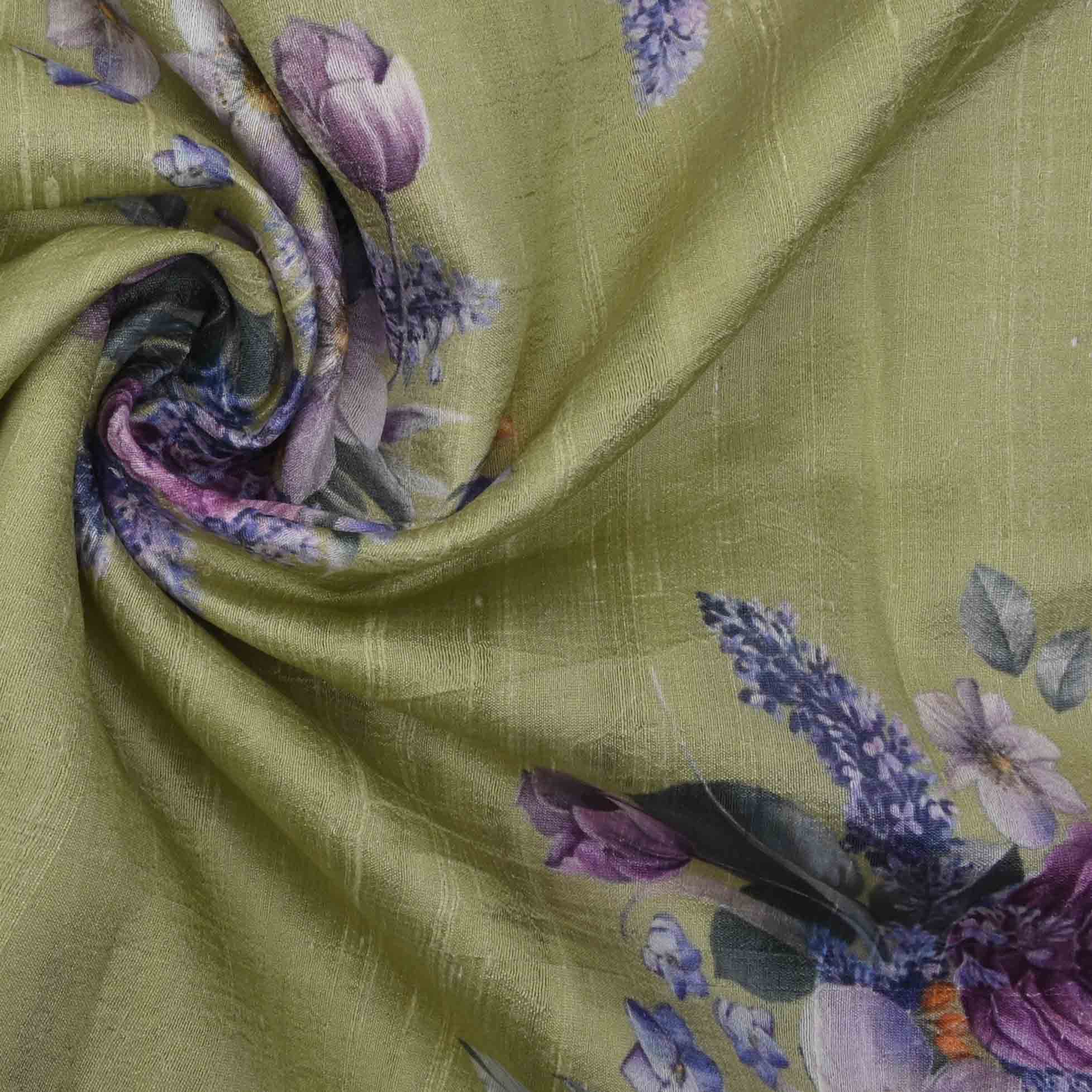 Lily Green Floral Printed Rawsilk Fabric