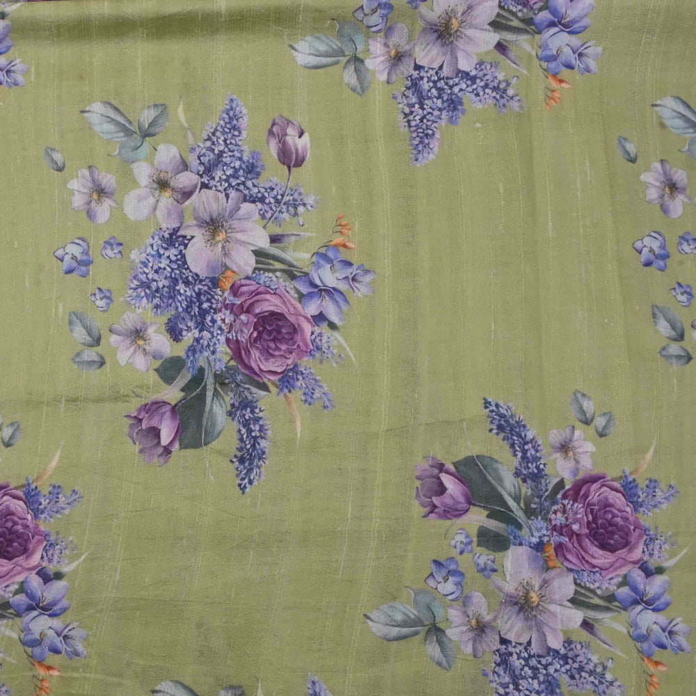Lily Green Floral Printed Rawsilk Fabric