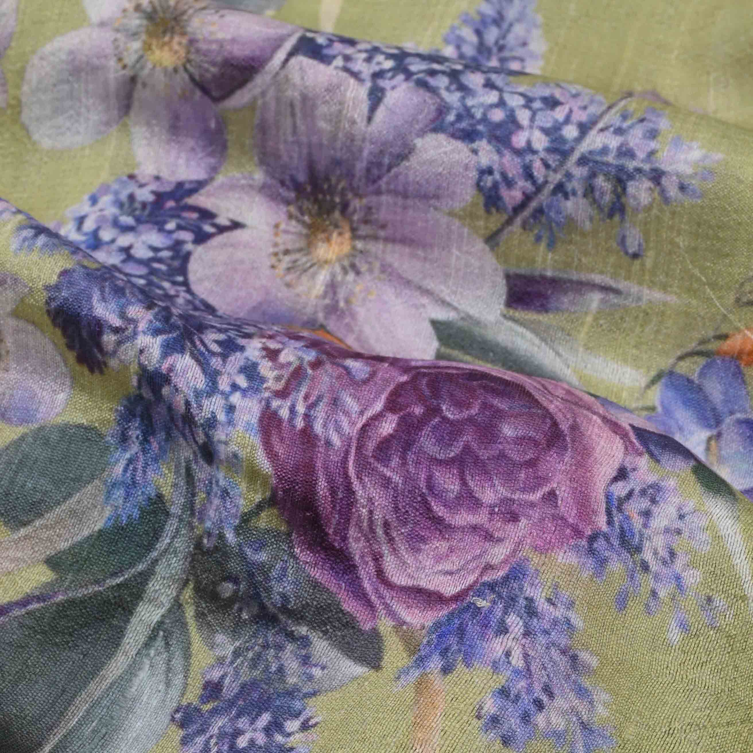 Lily Green Floral Printed Rawsilk Fabric