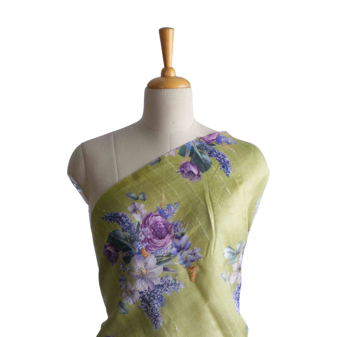 Lily Green Floral Printed Rawsilk Fabric