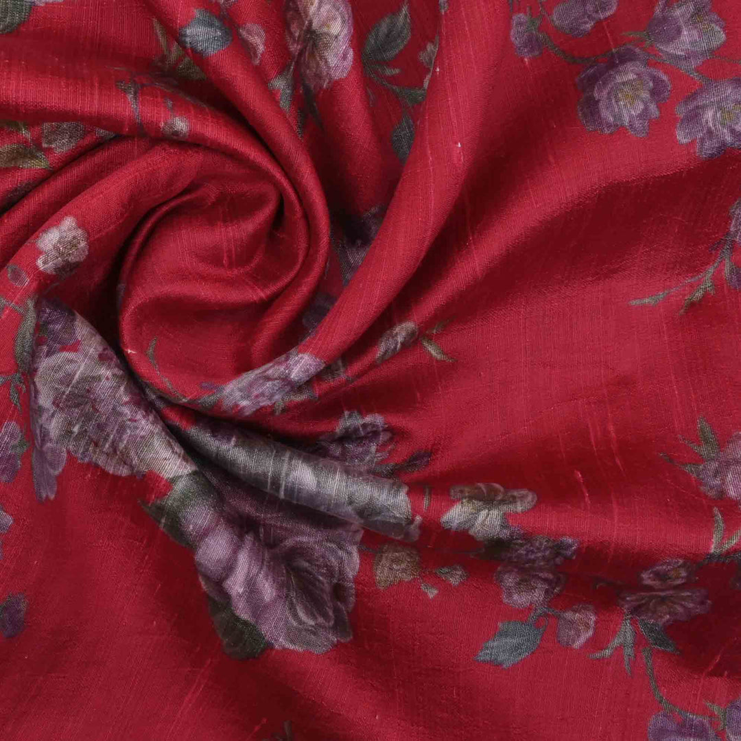 Cardinals Red Floral Printed Rawsilk Fabric