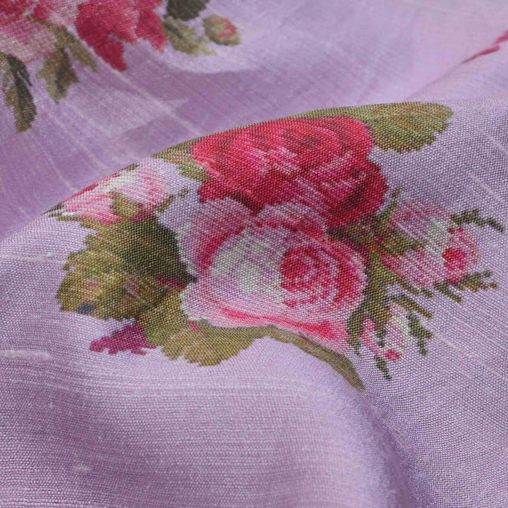 Pastel Purple Floral Printed Rawsilk Fabric