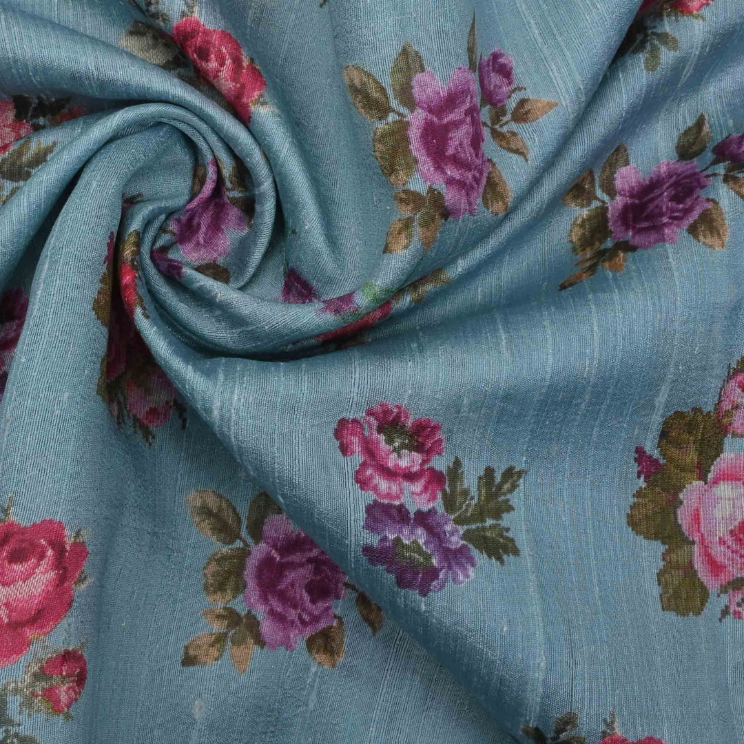 Powder Blue Floral Printed Rawsilk Fabric