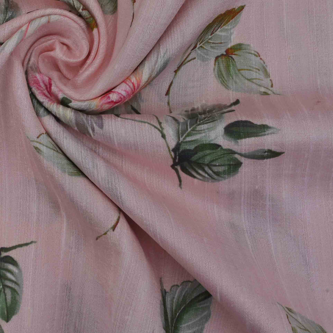 Pastel Pink Floral Printed Rawsilk Fabric
