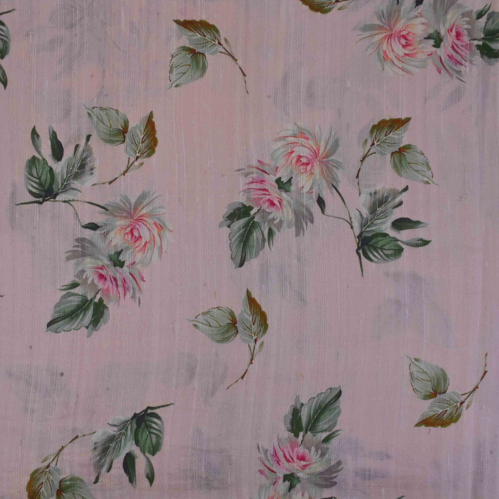Pastel Pink Floral Printed Rawsilk Fabric